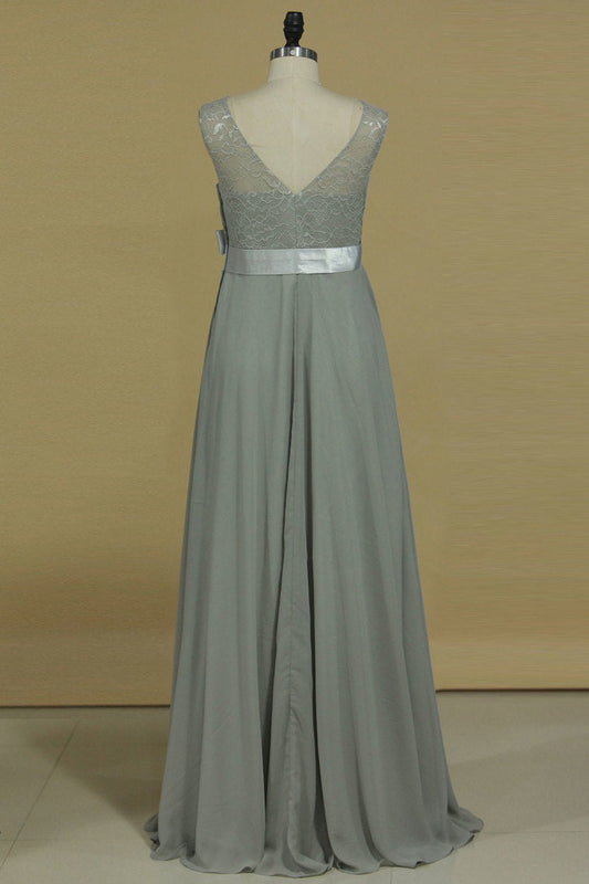 2024 A Line Prom Dresses Scoop Pregant Chiffon & Lace Floor Length