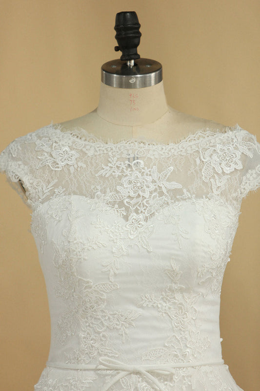 2024 Scoop A Line Wedding Dresses Lace With Applique And Sash