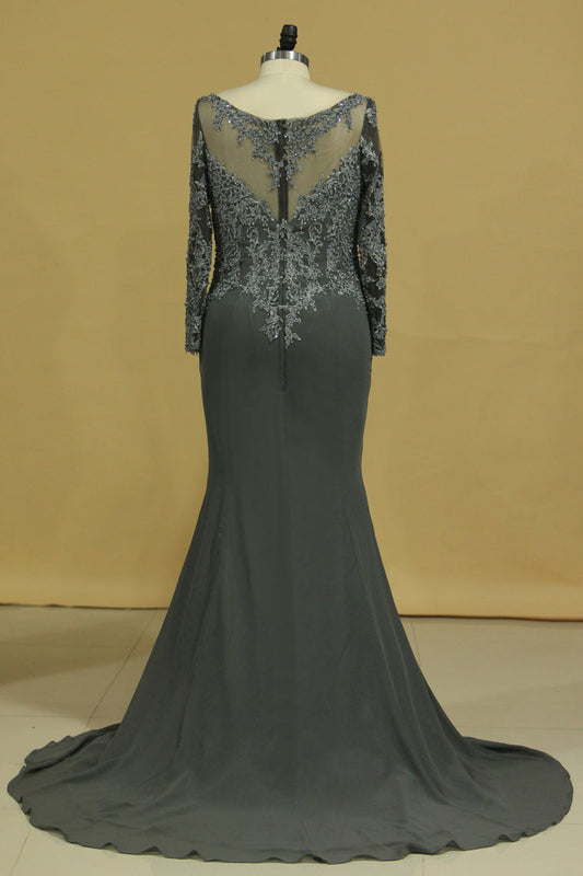 2024 Plus Size Long Sleeves Scoop Beaded Bodice Mermaid Evening Dresses Chiffon & Tulle