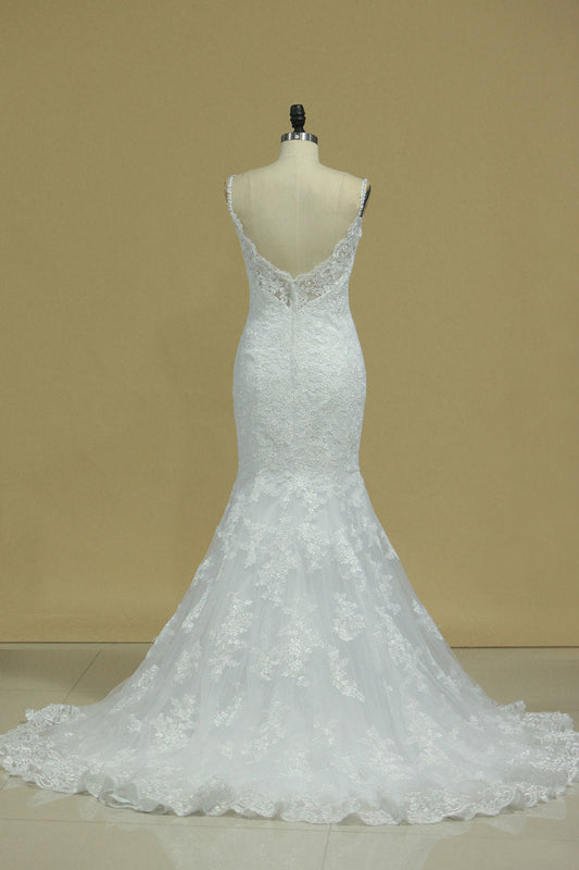 2024 Court Train Mermaid Spaghetti Straps Tulle With Applique Wedding Dresses