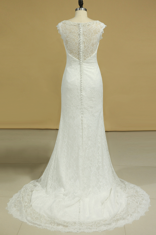 2024 Lace Wedding Dresses Sheath V-Neck Court Train Beaded Neckline