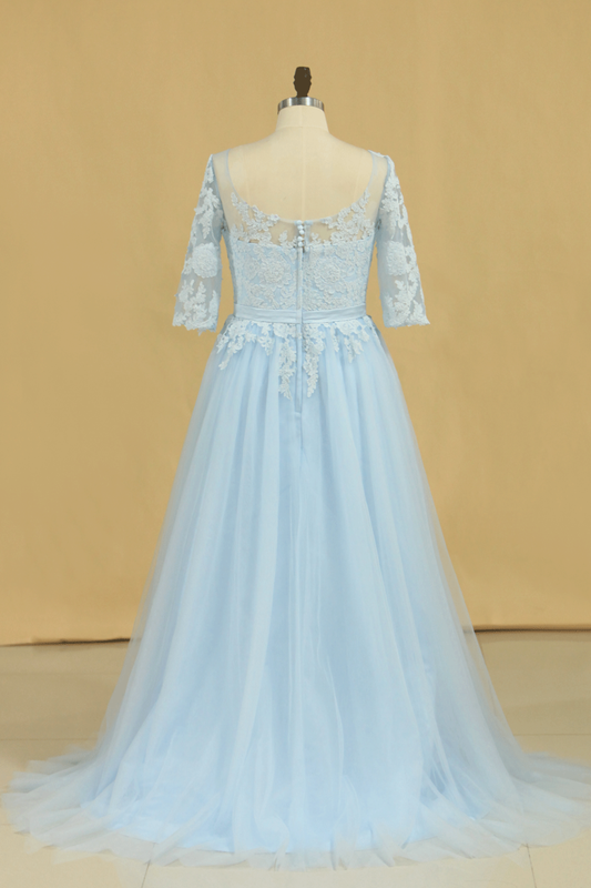 2024 Mother Of The Bride Dresses A Line Bateau Tulle With Applique And Sash Sweep Train Plus Size Light Sky Blue